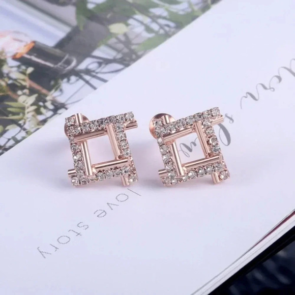 Rose Gold Diamond Square Stud Earrings - Picture 2 of 2